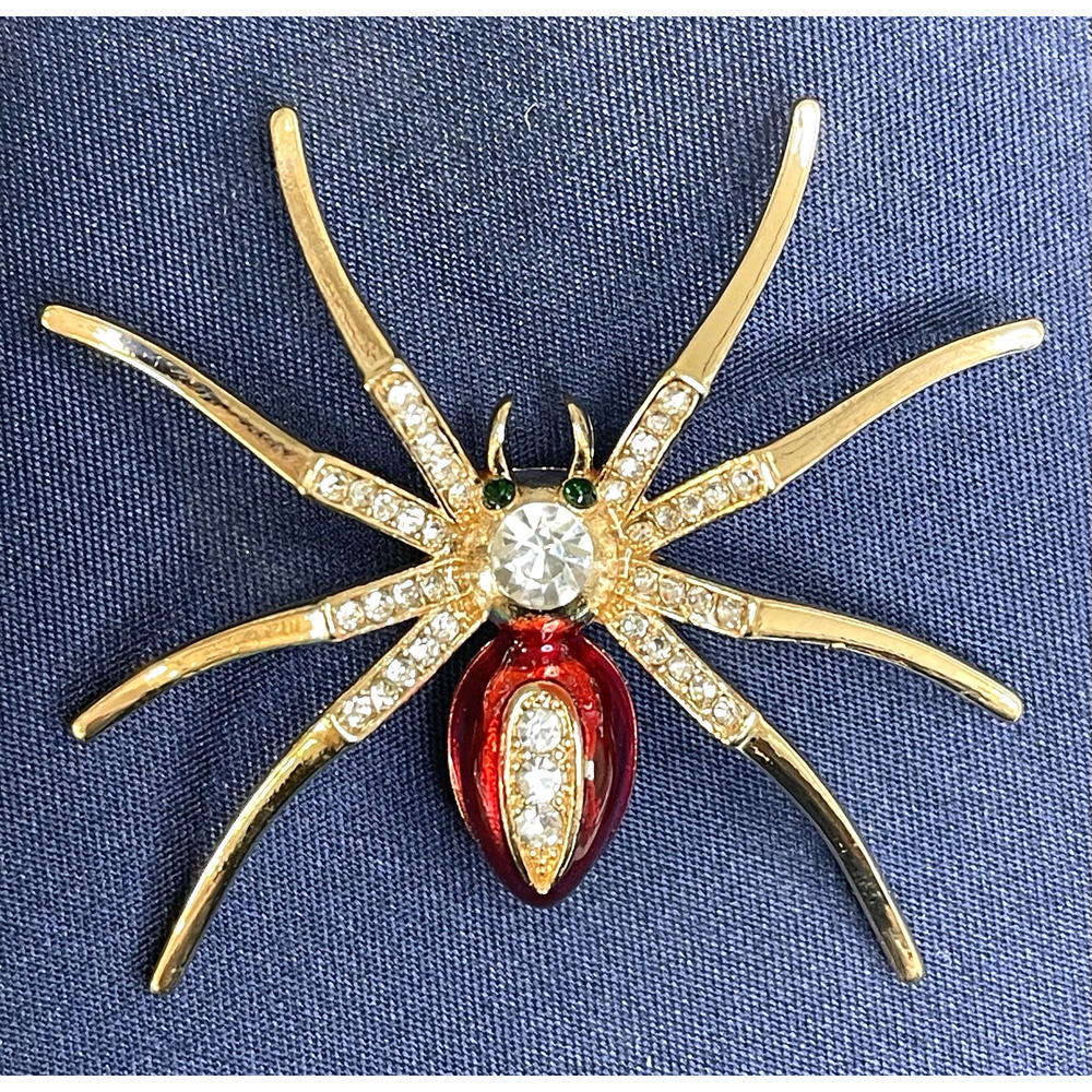 NWOT Red Enamel Spider Insect Brooch Pin Gold Tone Rhinestone Costume Jewelry